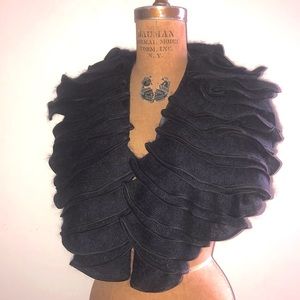 GIORGIO ARMANI] Black Navy Mohair Wool Ruffled Big Shawl Scarf Muffler